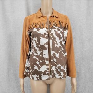 Lucky & Blessed Cow Animal Print Brown and White Fringe Jacket Poly Faux Suede
